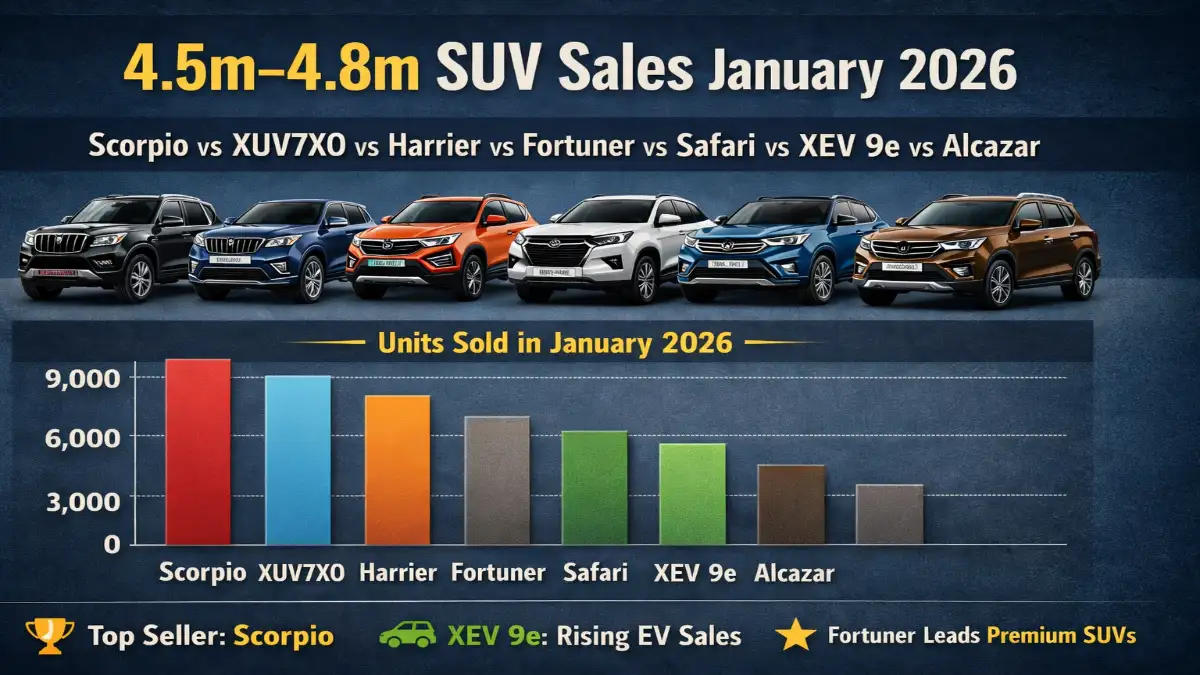 SUV sales January 2026 India, mid size SUV sales 2026, Scorpio sales January 2026, XUV7XO sales data, Tata Harrier Safari sales 2026, Toyota Fortuner sales India, Hyundai Alcazar sales 2026, Mahindra XEV 9e EV sales, best selling SUVs India 2026, SUV segment analysis India, Indian auto sales report 2026, diesel SUV demand India, EV SUV market India 2026, Mahindra vs Tata SUV sales, auto industry news India
